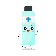 Cute vector illustration of antiseptic bottle character. Disinfection. Hand soap. Hand sanitizer bottle cartoon. Protection from viruses attack. Isolated on white background. Funny expression, running