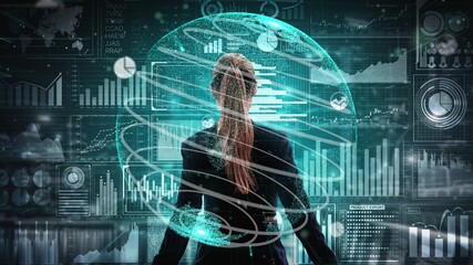 Big Data Technology for Business Finance Analytic conceptual . Modern graphic interface shows massive information of business sale report, profit chart and stock market trends analysis .