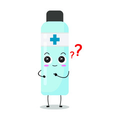 Cute vector illustration of antiseptic bottle character. Disinfection. Hand soap. Hand sanitizer bottle cartoon. Protection from viruses attack. Isolated on white background. Funny expression, ask