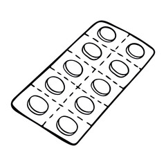 Vector sketch pills blister package isolated on white background. Hand drawn pills icon. Doodle medical illustration. For print, web, design, decor, logo. 