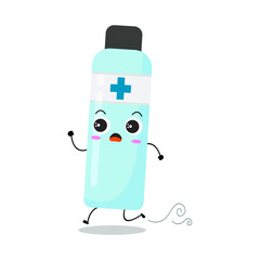 Cute vector illustration of antiseptic bottle character. Disinfection. Hand soap. Hand sanitizer bottle cartoon. Protection from viruses attack. Isolated on white background. Funny expression, run