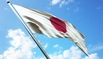 3D rendering illustration of the Japan flag with a blue sky background