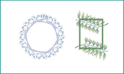 watercolor green round frame illustration set. leaf branch bundle design.