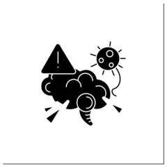 Brain damage glyph icon.Covid disease molecule attack brain.Corona virus neurology symptoms danger, cerebral dysfunction,encephalopathy.Filled flat sign. Isolated silhouette vector illustration