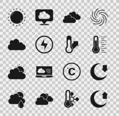 Set Moon, Meteorology thermometer, Cloud, Lightning bolt, Sun and icon. Vector