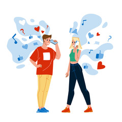 Boy And Girl Listen Social Media Together Vector. Young Man And Woman Couple Listening Social Media On Smartphone, Online Broadcasting. Characters With Digital Gadget Flat Cartoon Illustration
