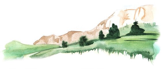 Hand drawn light watercolor illustration Mountain range White rock, green valley grass with trees. Drawing on a white background. Banner format.