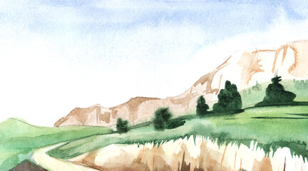 Hand drawn watercolor landscape light illustration. Mountain range Crimea White rock, green valley grass with trees. Summer day blue5 sky. Drawing on a white background