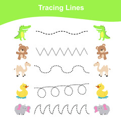 Tracing Lines Game Animals Edition. Educational worksheet. Worksheet activity for preschool kids. Preschool Education. Vector illustration. 
