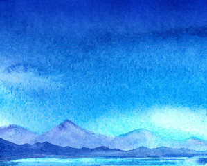 Hand-drawn watercolor background. Dark blue gradient sky. Blurred silhouettes of transparent mountain ranges on the horizon line. Mountain Lake. Illustration on textured paper