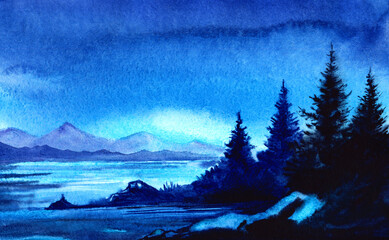 Hand drawn watercolor background illustration. Sunset evening dark blue sky. Silhouettes of transparent mountain ranges. Dark trees on the rocky shore. Mountain Lake. Drawing on textured paper
