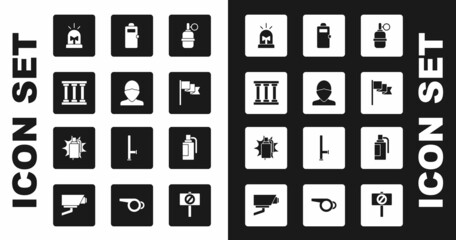 Set Hand grenade, Vandal, Prison window, Flasher siren, Location marker, Police assault shield, and icon. Vector