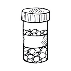 Vector sketch pills, tablet, capsule and package bottle isolated on white background. Hand drawn  medical illustration. For print, web, design, decor, logo. 