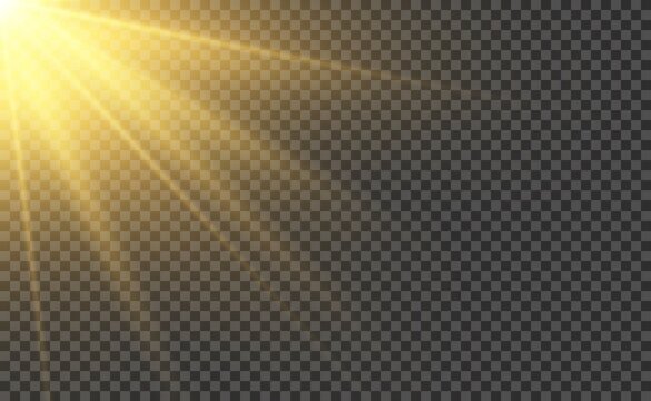 Sunlight realistic effect. Light ray or sun beam. Shiny magic sunset vector illustration