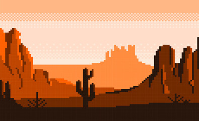 a desert pixel art image, it's hot in the afternoon and there's a shadow of an orange cactus tree