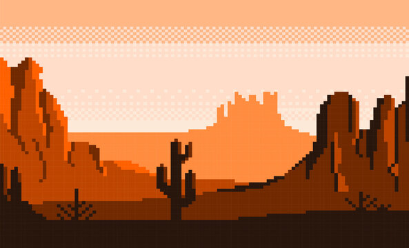 a desert pixel art image, it's hot in the afternoon and there's a shadow of an orange cactus tree