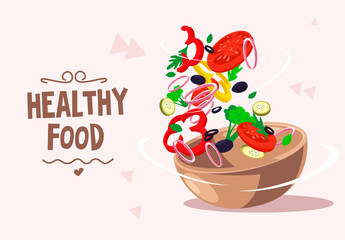 Vector illustration of healthy food, salad of freshly cut vegetables in the air with a deep salad bowl