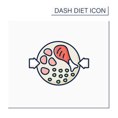 Health food color icon. Chicken with crushed harissa chickpeas on plate. Balanced nutrition. Small portion. Dash diet concept. Isolated vector illustration