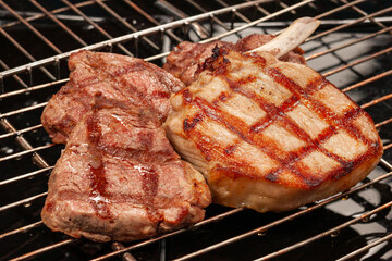 Large Juicy Beef Rib Eye Steak on a hot grill
