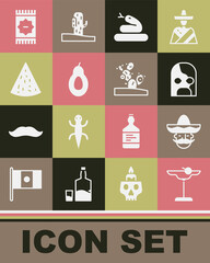 Set Margarita cocktail, Mexican man sombrero, wrestler, Snake, Avocado, Nachos, carpet and Cactus icon. Vector