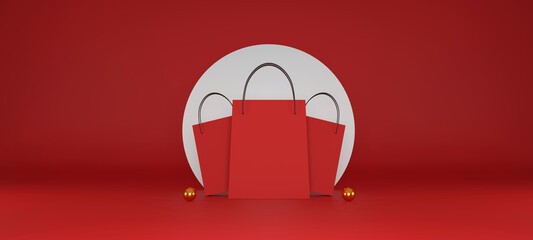 red shopping bag on red background. sale banner design. 3d illustration
