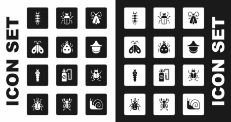 Set Clothes moth, Ladybug, Butterfly, Centipede, Beekeeper hat, Stink, Beetle and Larva insect icon. Vector