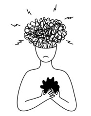 A man with a hole in his heart with tangled thoughts in his head. Silhouette of a sad depressive person, isolated on a white. The concept of internal problems, broken heart, loneliness. Vector.