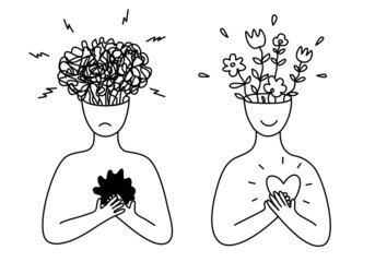 Sad, depressed and happy people. The concept of choosing positive or negative thinking. Love or emptiness in the heart. Vector illustration. Doodle style. Black outlines isolated on a white background