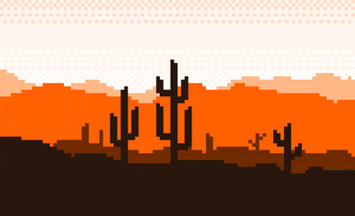 a desert pixel art image, it's hot in the afternoon and there's a shadow of an orange cactus tree