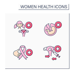 Women health color icons set.Reproductive system diseases. Adolescent gynecology, abortion, cancer, egg donation program. Healthcare concept. Isolated vector illustrations