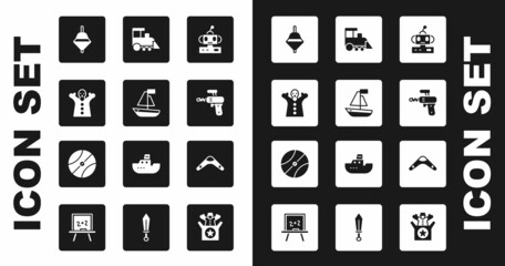 Set Robot toy, Toy boat, puppet doll on hand, Whirligig, Ray gun, train, Boomerang and Basketball ball icon. Vector