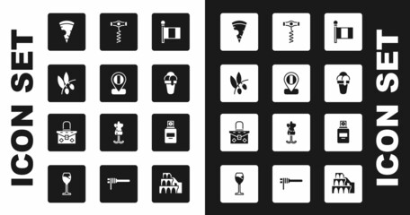 Set Flag Italy, Location flag, Olives branch, Slice of pizza, Ice cream, Wine corkscrew, Perfume and Handbag icon. Vector