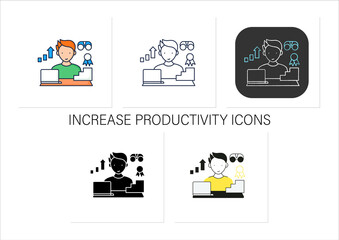 Workaholic icons set.Improving career prospects. Increase productivity. Work done reward. Man at laptop.Collection of icons in linear, filled, color styles.Isolated vector illustrations