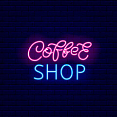 Fototapeta na wymiar Coffee shop neon brush lettering. Night bright signboard. Editable stroke. Isolated vector stock illustration
