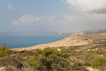 Naklejka na ściany i meble Aerial view of coastline around Cape Greco, Cyprus.