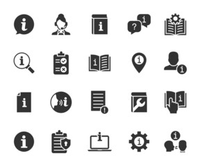Vector set of information flat icons. Contains icons instruction, privacy policy, info center, manual, rule, guide, reference, help and more. Pixel perfect.