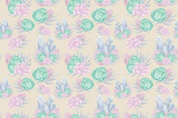 Decorative seamless pattern of illustrations of blue crystal and succulent flowers, green and pink