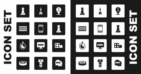 Set Chess, Backgammon board, Board game, Dart arrow, Toy building block bricks and Stopwatch icon. Vector