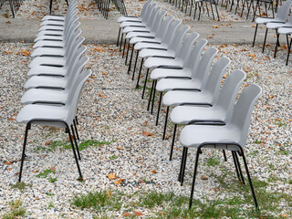 group of empty plastic chair arranged in rows - 454902132