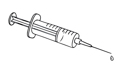 Syringe vector hand drawn outline doodle icon. Covid-19 Coronavirus vaccine. Medical injection syringe as using drugs or hospital service concept. For print, web, design, decor, logo. 