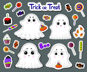 Set of Halloween ghosts stickers. Halloween characters. Funny ghost with treat bowl. Cartoon ghosts, spooky phantoms isolated. Candies, treats, spooky dessert. Halloween flying spirit, boo.Poltergeist