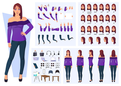 Set of Cartoon Vector Illustrations for Trendy Woman Character Creation with Front, Side, Back View