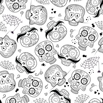 Seamless pattern with sugar skull decorated by design elements on white background. Mexican national holiday Day of the dead. Festive template for Dia de los muertos. Halloween Happy holiday. Vector