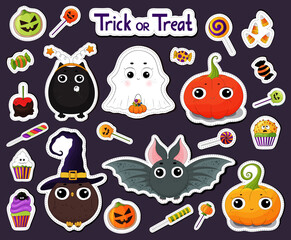 Set of cartoon Halloween stickers. Halloween characters stickers. Candies, treats many types spooky dessert. Halloween candy stickers. Candy corn, pumpkins, eyeballs. Black cat, bat, funny pumpkins.