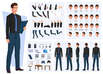 Business Man Character Creation Set, Lip Sync And Hand Gestures - obrazy, fototapety, plakaty