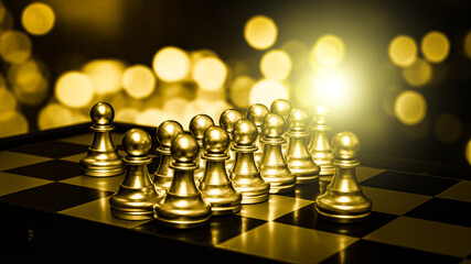 Closeup of chess characters on board games. to represent decision making in term of business strategy to find out the best solution to meet target objective and goal.	
