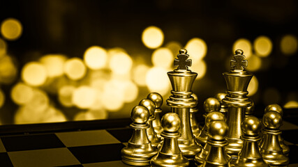 Closeup of chess characters on board games. to represent decision making in term of business strategy to find out the best solution to meet target objective and goal.	
