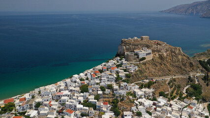 Aerial drone photo of breathtaking and picturesque main village of Skyros island featuring uphill medieval castle with scenic views to Aegean sea at sunset, Sporades islands, Greece