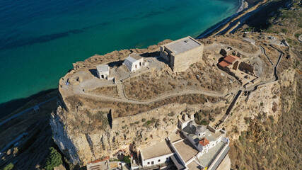 Aerial drone photo of breathtaking and picturesque uphill medieval castle of Skyros island with...