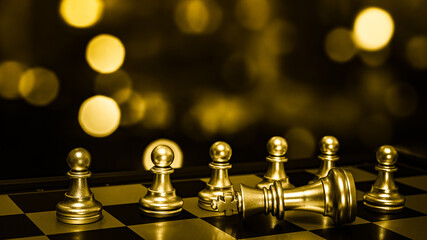 Closeup of chess characters on board games. to represent decision making in term of business strategy to find out the best solution to meet target objective and goal.